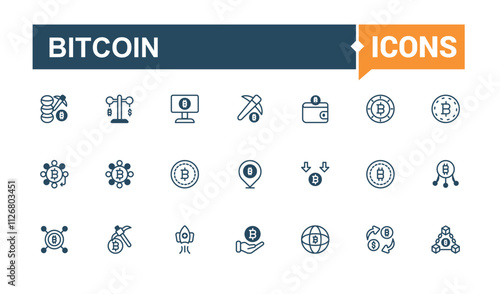 Bitcoin vector line icon set. Featuring virtual, trade, cash, deposit, investment, value, payment and more. Simple web icons. Vector outline and solid icons collection.