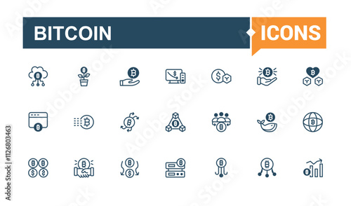 Bitcoin vector line icon set. Featuring virtual, trade, cash, deposit, investment, value, payment and more. Simple web icons. Vector outline and solid icons collection.