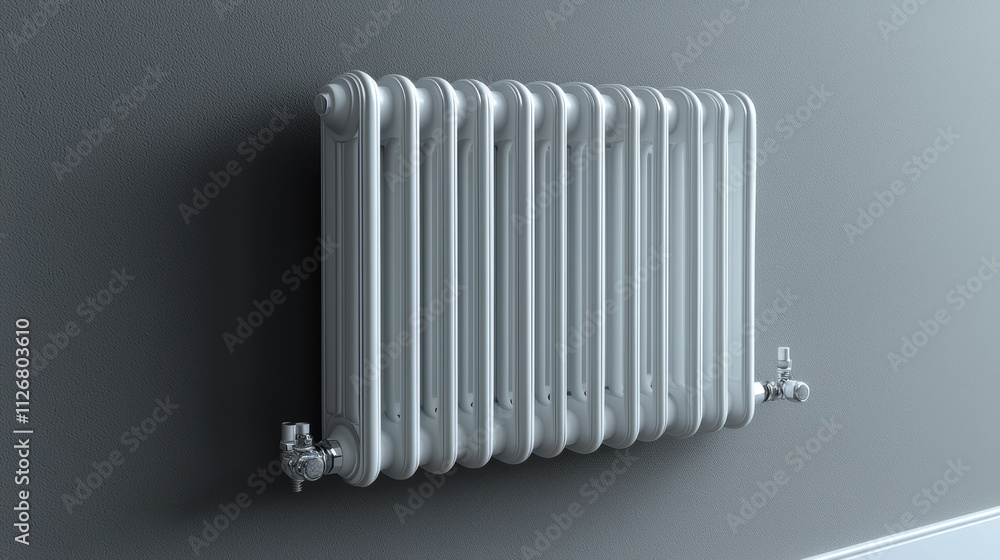 Stylish metal radiator mounted on a wall. A sleek metal radiator is mounted on a gray wall, providing warmth and a modern aesthetic to the space. Stylish metal radiator mounted on a wall. A sleek metal radiator is mounted on a gray wall, providing warmth and a modern aesthetic to the space.