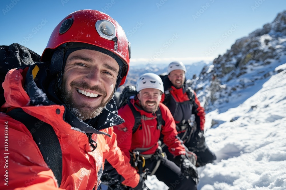 A group of three climbers dressed in vibrant gear joyfully celebrate their success at the snowy mountain peaks, showcasing teamwork and determination against a stunning alpine backdrop. A group of three climbers dressed in vibrant gear joyfully celebrate their success at the snowy mountain peaks, showcasing teamwork and determination against a stunning alpine backdrop.