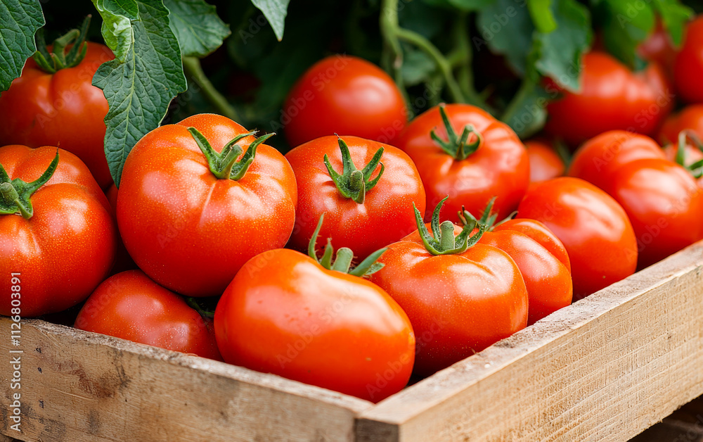 Farm-fresh tomatoes in a wooden crate. Vibrant red tomatoes rest in a wooden crate, showcasing the harvest from a sunny farm on a warm day. Farm-fresh tomatoes in a wooden crate. Vibrant red tomatoes rest in a wooden crate, showcasing the harvest from a sunny farm on a warm day.