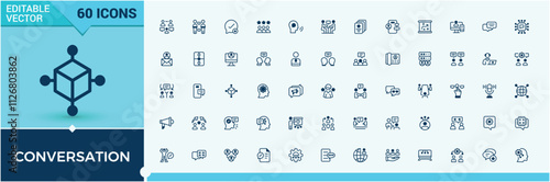 Conversation icon set. Featuring map, page, phone, mobile, communication, info, 5on and more. Flat UI icon design. Vector line and solid icons.