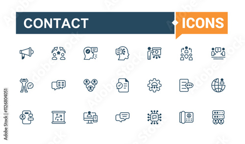 Contact thin line icon set. Related to address, message, 5on, page, support, mobile, calendar, business. Editable vector outline and solid icons.