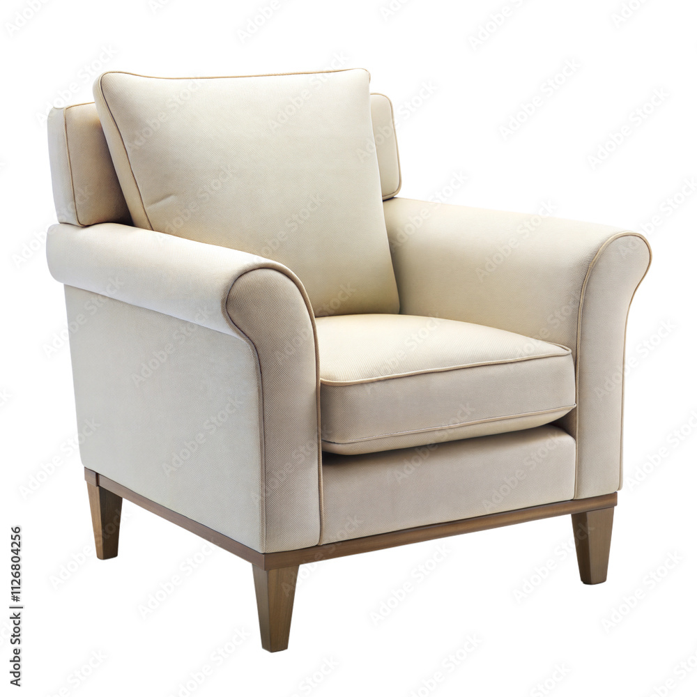 Fototapeta premium Comfortable modern chair with neutral upholstery perfect for cozy living room setups