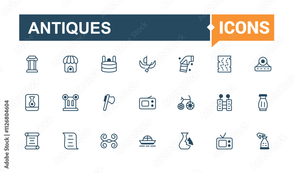 Antiques line icon collections. Contains related to fossil, collectibles, vintage, antique, culture, old, history. Collection for mobile and web apps. Editable vector outline and solid icons. Antiques line icon collections. Contains related to fossil, collectibles, vintage, antique, culture, old, history. Collection for mobile and web apps. Editable vector outline and solid icons.