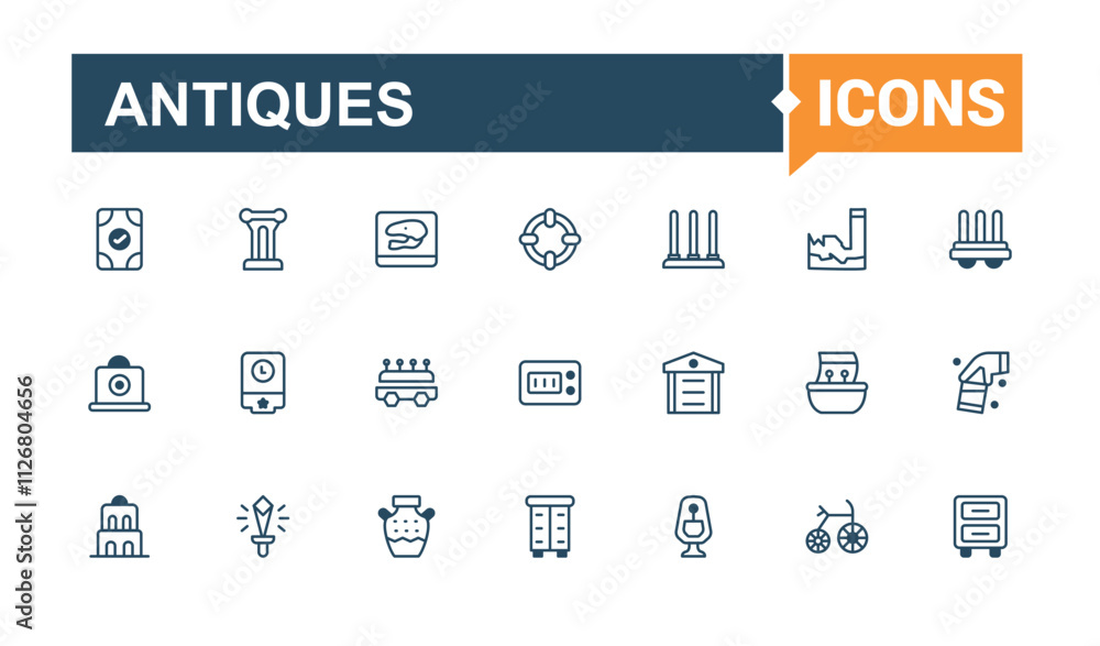 Antiques line icon collections. Contains related to fossil, collectibles, vintage, antique, culture, old, history. Collection for mobile and web apps. Editable vector outline and solid icons. Antiques line icon collections. Contains related to fossil, collectibles, vintage, antique, culture, old, history. Collection for mobile and web apps. Editable vector outline and solid icons.