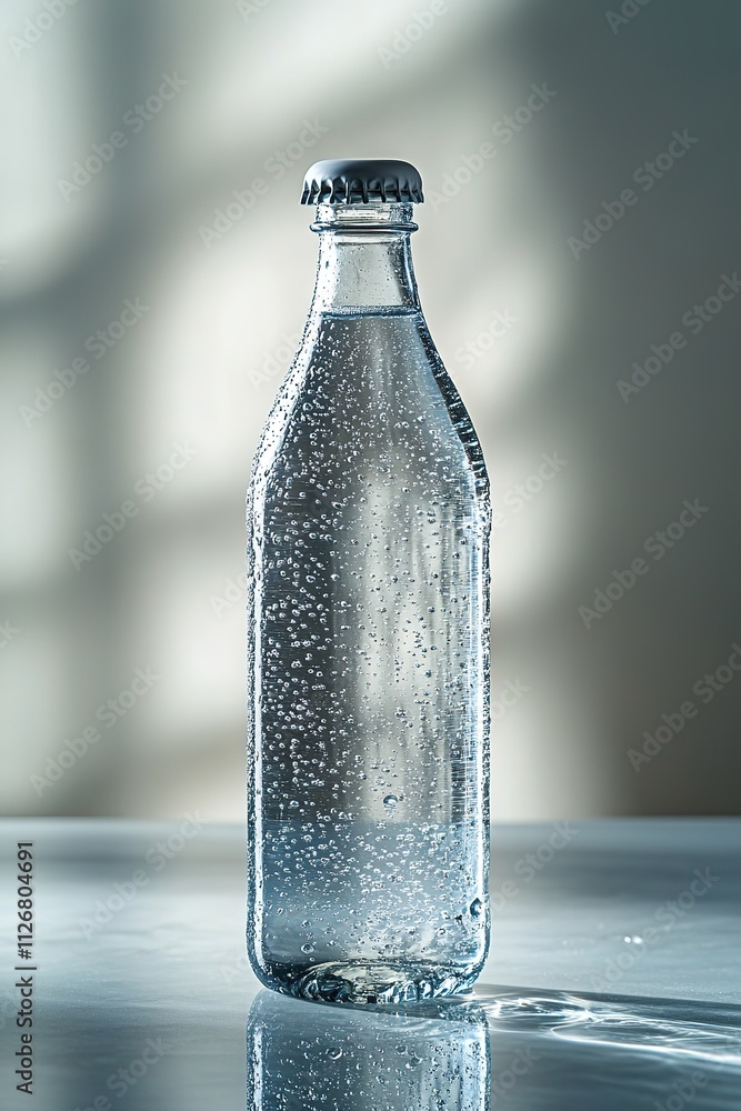 single bottle of sparkling water with condensation beads stands on clean glass surface softly lit with generous copy single bottle of sparkling water with condensation beads stands on clean glass surface softly lit with generous copy