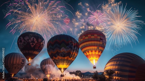 Hot air balloons illuminated during a night festival with a stunning fireworks display lighting up the sky photo