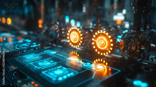 A stylized factory icon with glowing gears and data streams representing automation, real-time production monitoring, and smart manufacturing. 