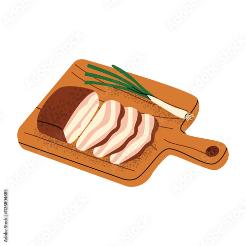 Salo, bacon with onions on a wooden board. Vector illustration of Ukrainian cuisine. Fatty food.  Hand drawn vector illustration. White isolated background.