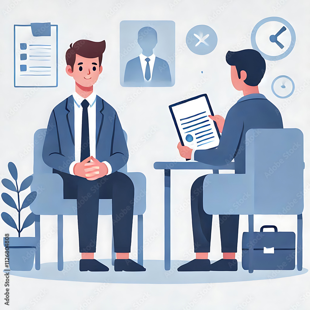 Prospective employee is interviewed for employment with professionals in business attire in an office setting. Memphis style vector illustration. Prospective employee is interviewed for employment with professionals in business attire in an office setting. Memphis style vector illustration.