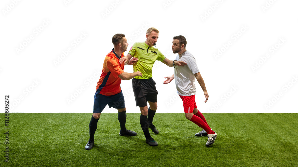 Obraz premium Referee standing and whistling between two players from opposite team confronting and arguing, signaling maintenance of order. Concept of sport, fair play, competition, control, rules