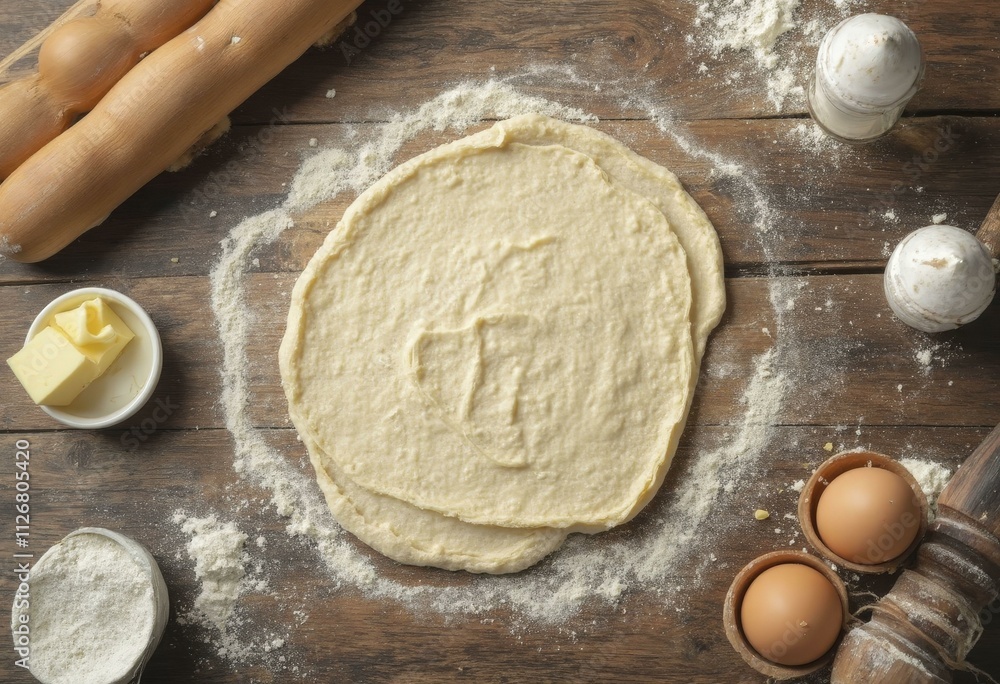 Wooden table with two rolled-out doughs, flour, butter, eggs, rolling pins, and utensils, evoking a kitchen scene Wooden table with two rolled-out doughs, flour, butter, eggs, rolling pins, and utensils, evoking a kitchen scene