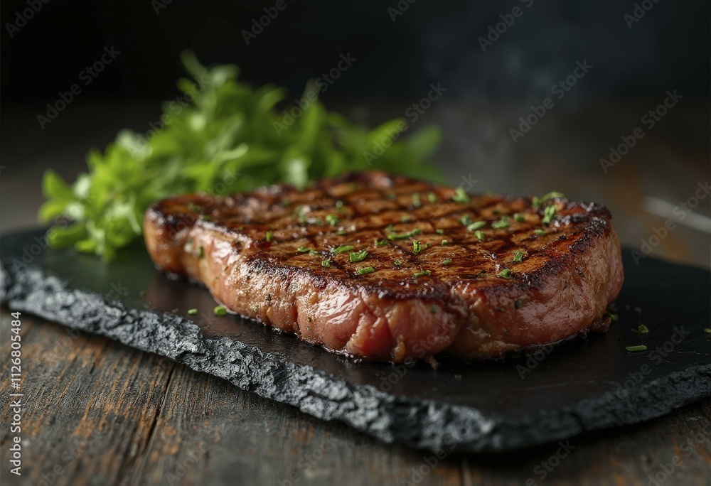 Grilled beef steak on a black slate plate garnished with fresh parsley on rustic wooden texture Grilled beef steak on a black slate plate garnished with fresh parsley on rustic wooden texture