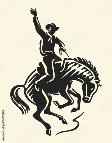 Hand drawn cowboy riding wild horse in motion during rodeo event. Competition, extreme sport emblem symbol