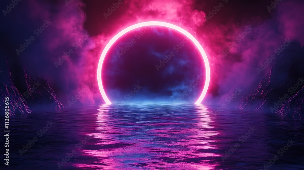 Glowing pink neon circle over water with mountains and smoke in a dark background. Glowing pink neon circle over water with mountains and smoke in a dark background.