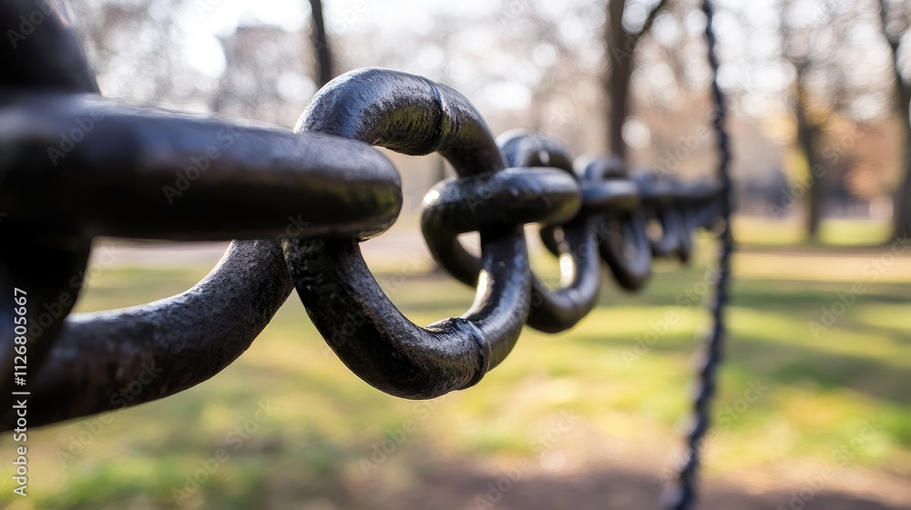 Close-up of an iron chain fence enclosing a park under soft daylight. Close-up of an iron chain fence enclosing a park under soft daylight.