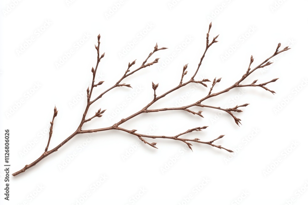 A slender, bare branch with small buds, showcasing a minimalist design on a white background, evoking themes of nature and seasonal change. A slender, bare branch with small buds, showcasing a minimalist design on a white background, evoking themes of nature and seasonal change.