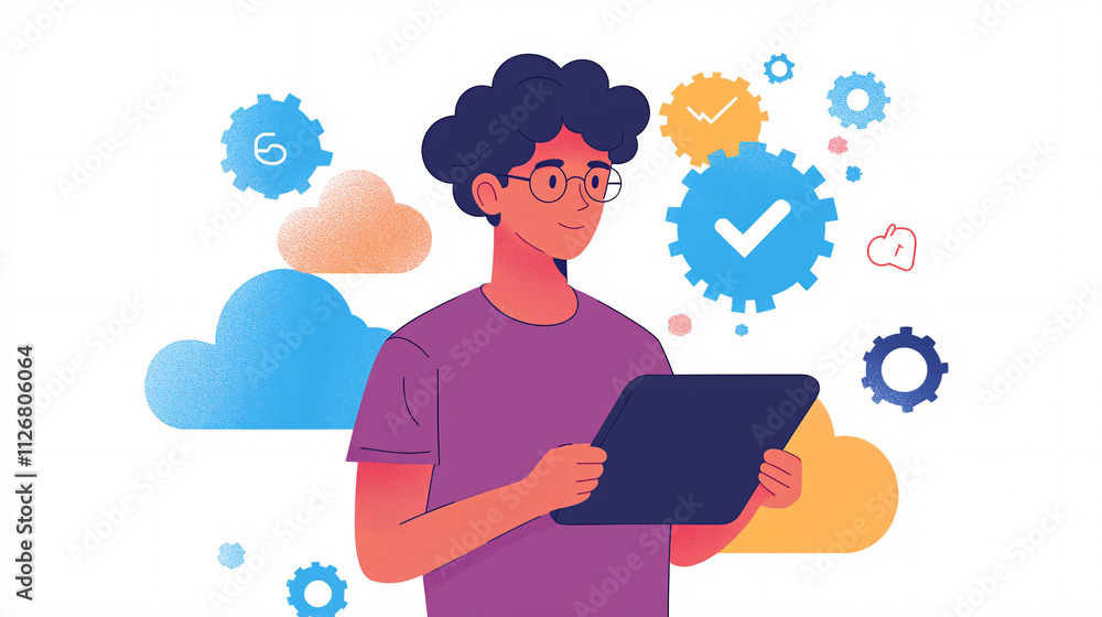 A stylized IT professional holding a tablet, with clean lines and minimalist elements like gear and cloud icons hovering around. A stylized IT professional holding a tablet, with clean lines and minimalist elements like gear and cloud icons hovering around.