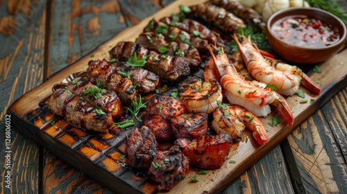 Grilled surf and turf platter with beef, shrimp, scallops, and lobster served with fresh herbs and dipping sauce on a wooden board