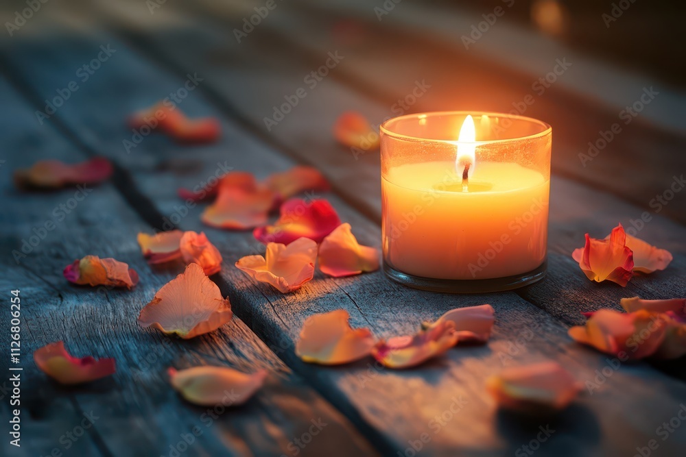 A single candle glowing gently on a rustic oak backdrop with scattered floral petals, leaving half the frame for text. A single candle glowing gently on a rustic oak backdrop with scattered floral petals, leaving half the frame for text.