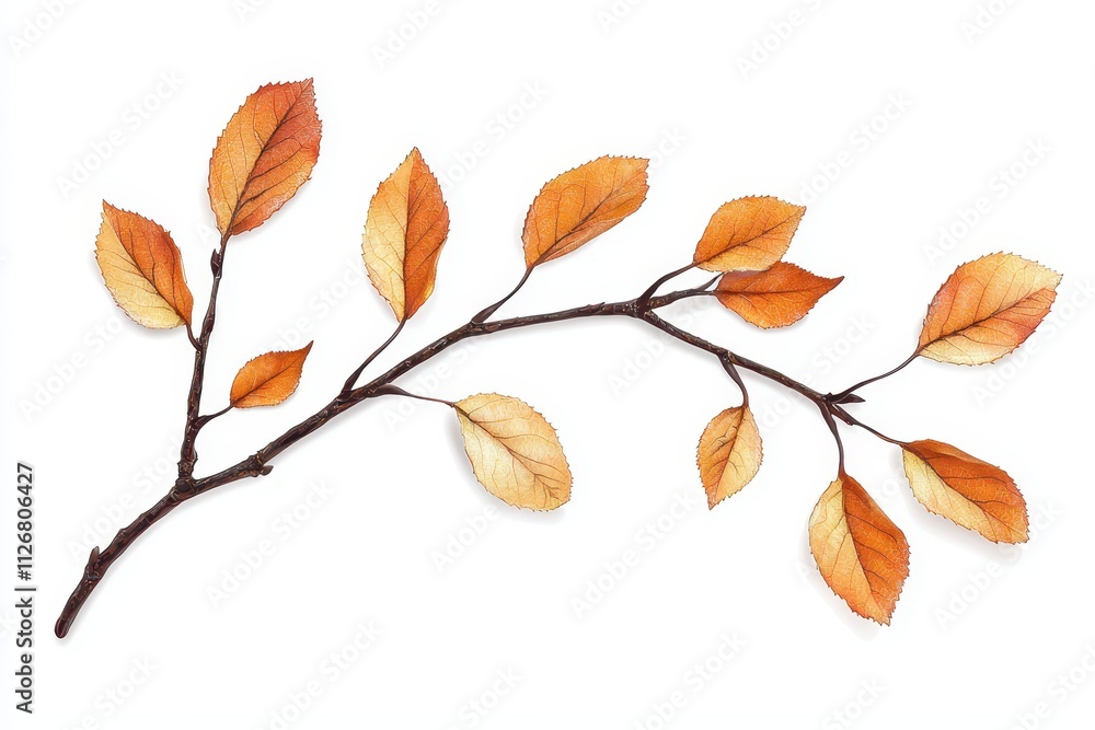 A branch with autumn leaves, showcasing warm hues of orange and cream against a white background.