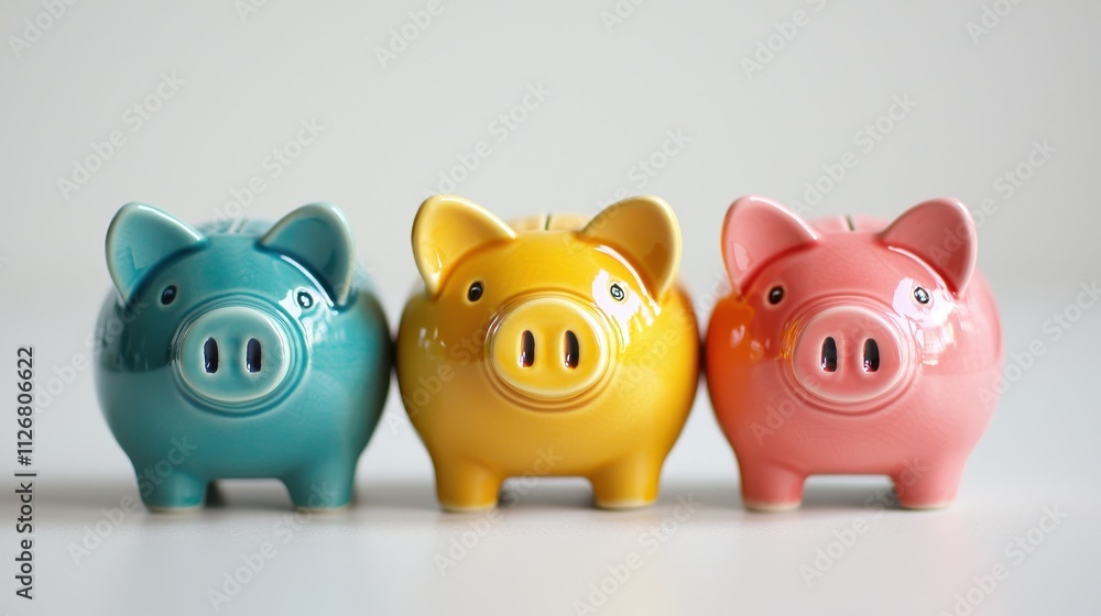 Three colorful piggy banks in teal, yellow, and pink arranged in a row, symbolizing saving and personal finance. Three colorful piggy banks in teal, yellow, and pink arranged in a row, symbolizing saving and personal finance.