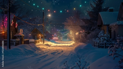 A quiet, snow-covered street illuminated by soft, colorful lights from a single home, with the last moments of New Yeara??s Eve reflected in the peaceful night photo