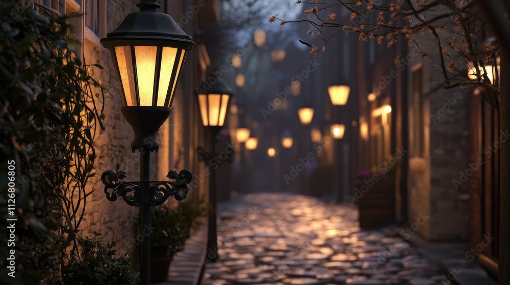 Decorative iron light posts lining a quiet cobblestone street at dusk. Decorative iron light posts lining a quiet cobblestone street at dusk.