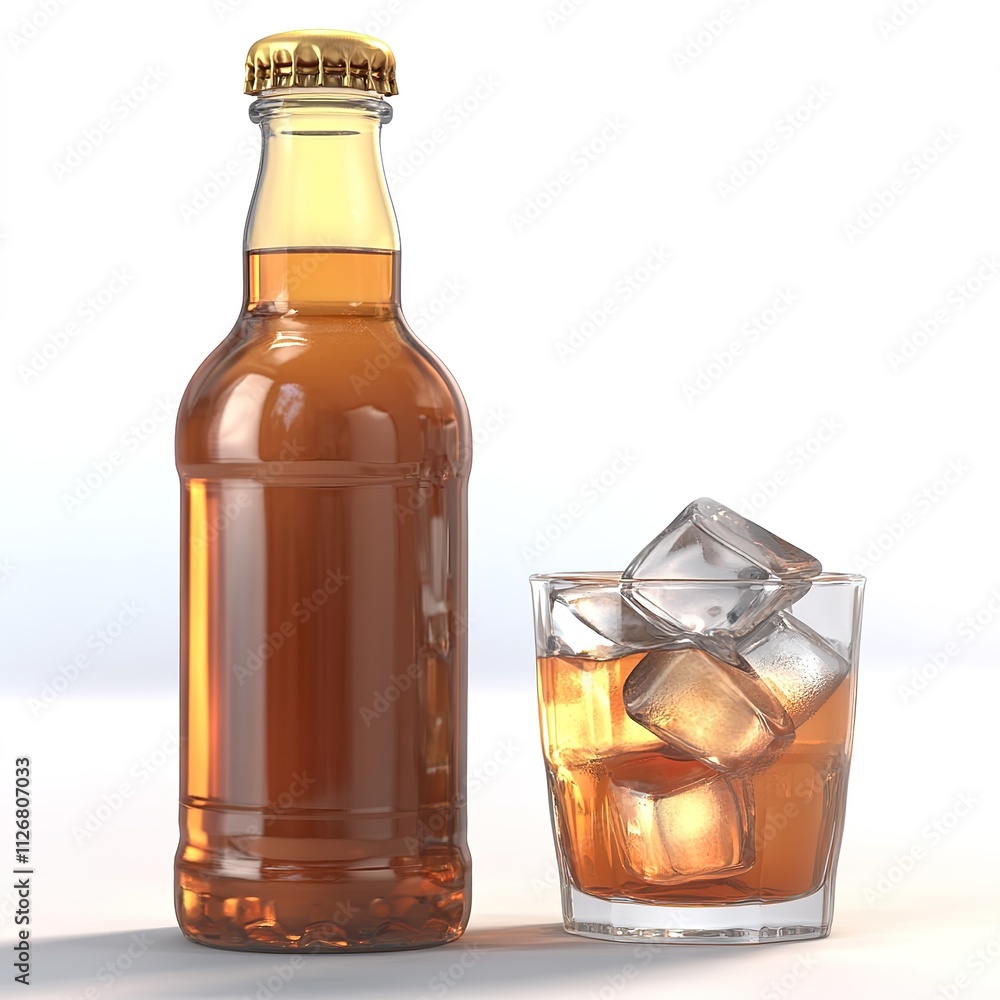high realistic photo of bottle of non-alcoholic beverage next to glass with ice modern and elegant feel high realistic photo of bottle of non-alcoholic beverage next to glass with ice modern and elegant feel