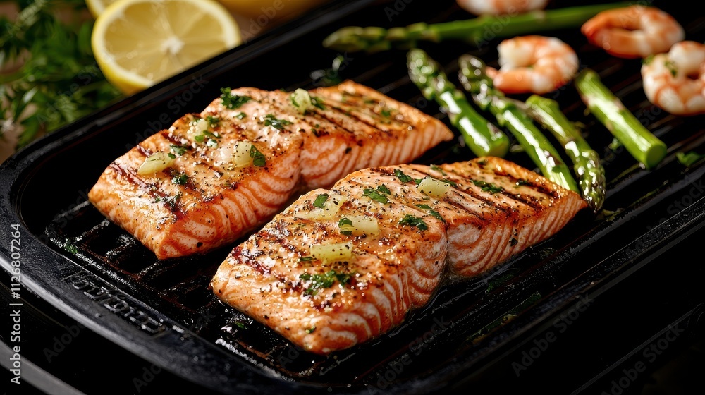 Grilled salmon fillets with shrimp and asparagus, garnished with herbs and lemon slices, showcasing a delicious and healthy meal. Grilled salmon fillets with shrimp and asparagus, garnished with herbs and lemon slices, showcasing a delicious and healthy meal.