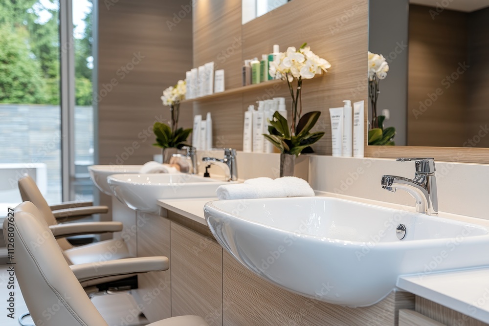An artistically arranged spa area showcases clean lines, elegant fixtures, and soothing elements, inviting clients to embrace relaxation and personal care. An artistically arranged spa area showcases clean lines, elegant fixtures, and soothing elements, inviting clients to embrace relaxation and personal care.