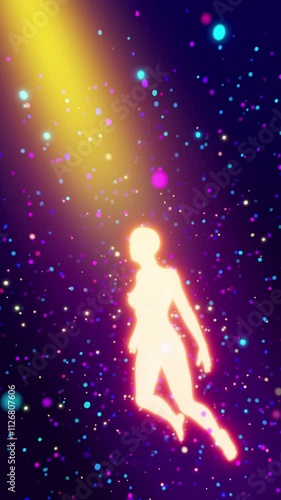 looped 3d animation. a glowing man floating in the shining starry sky.	