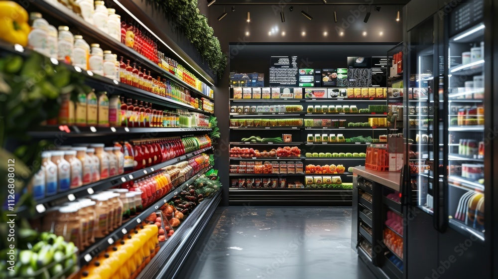 custom made wallpaper toronto digitalContemporary grocery store showcasing fresh produce and colorful packaged goods in a clean setting