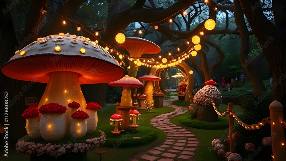 Whimsical Garden with Giant Mushrooms and Fairylights and lampion Background Wallpaper Whimsical Garden with Giant Mushrooms and Fairylights and lampion Background Wallpaper