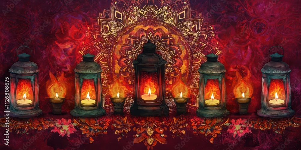 Fototapeta premium Symmetrical arrangement of lanterns with vibrant flames, placed on a rich burgundy surface adorned with radiant floral mandala decorations.