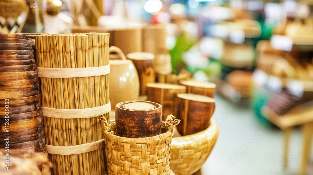 Natural Bamboo and Woven Crafts Display in Artisan Market, Highlighting Eco-Friendly Products and Handmade Items from Sustainable Materials Natural Bamboo and Woven Crafts Display in Artisan Market, Highlighting Eco-Friendly Products and Handmade Items from Sustainable Materials