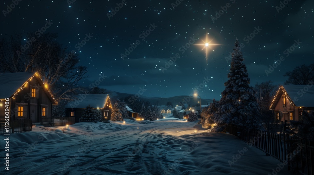 A single bright star shining over a quiet, snow-covered village street, with Christmas lights twinkling on nearby houses A single bright star shining over a quiet, snow-covered village street, with Christmas lights twinkling on nearby houses