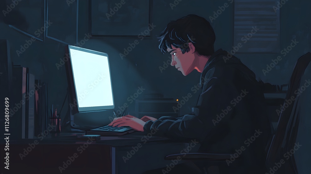 Young Man Working Late at His Computer Desk Young Man Working Late at His Computer Desk