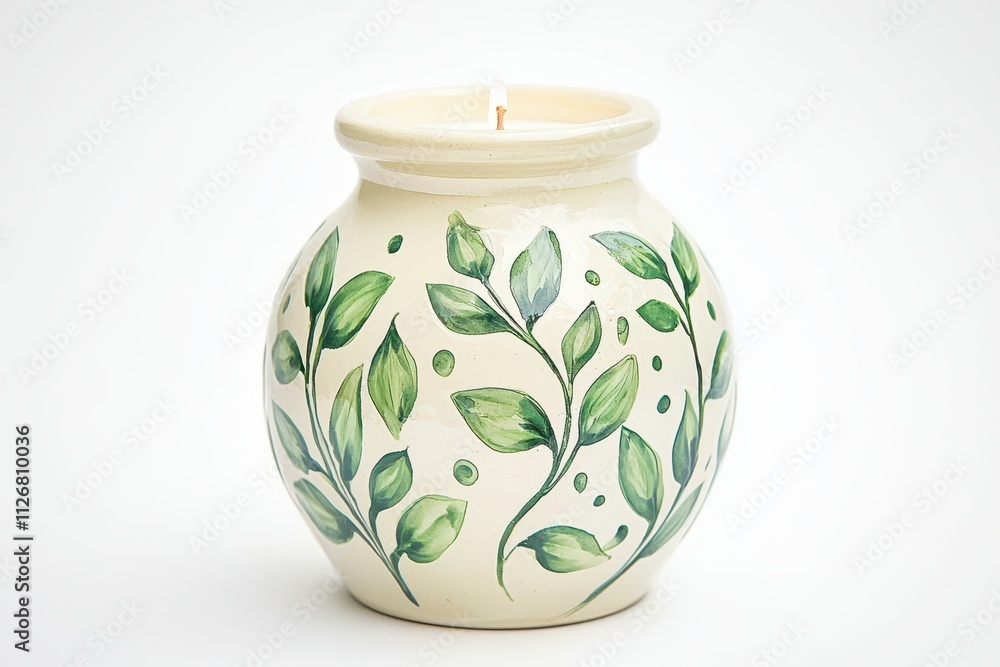 A beautifully crafted ceramic jar with green leaf designs, featuring a candle inside, perfect for home decor and relaxation. A beautifully crafted ceramic jar with green leaf designs, featuring a candle inside, perfect for home decor and relaxation.