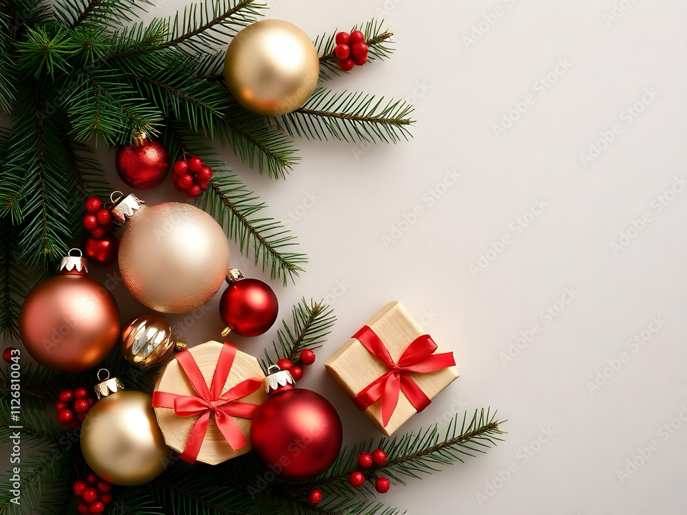 Holiday decorations featuring ornaments, pine sprigs, and a small gift on a simple background. Holiday decorations featuring ornaments, pine sprigs, and a small gift on a simple background.