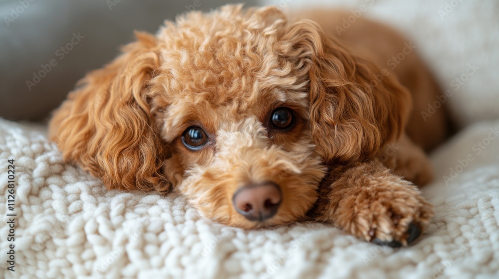 A mini red poodle comfortably lies on a macramé bed, showcasing its soft curls and bright eyes while surrounded by a dark atmosphere. A mini red poodle comfortably lies on a macramé bed, showcasing its soft curls and bright eyes while surrounded by a dark atmosphere.