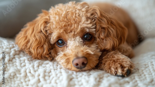 A mini red poodle comfortably lies on a macramé bed, showcasing its soft curls and bright eyes while surrounded by a dark atmosphere.