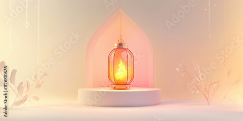Vibrant lantern with a soft gradient flame, centered on an ivory background, surrounded by minimalist geometric patterns and light sparkles.