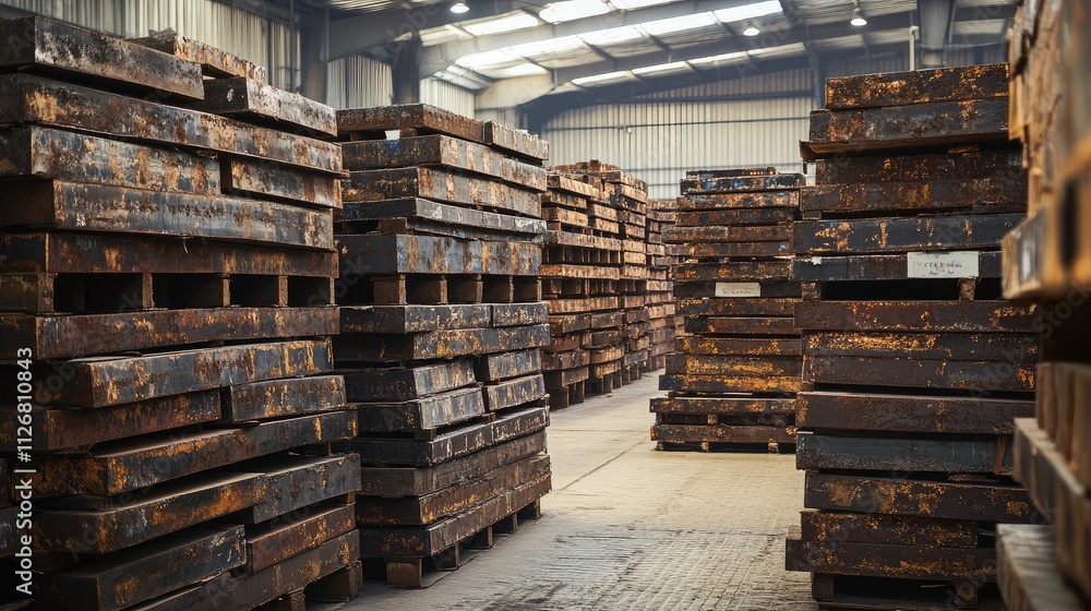 Iron sheets stacked in a factory warehouse ready for shipment. Iron sheets stacked in a factory warehouse ready for shipment.