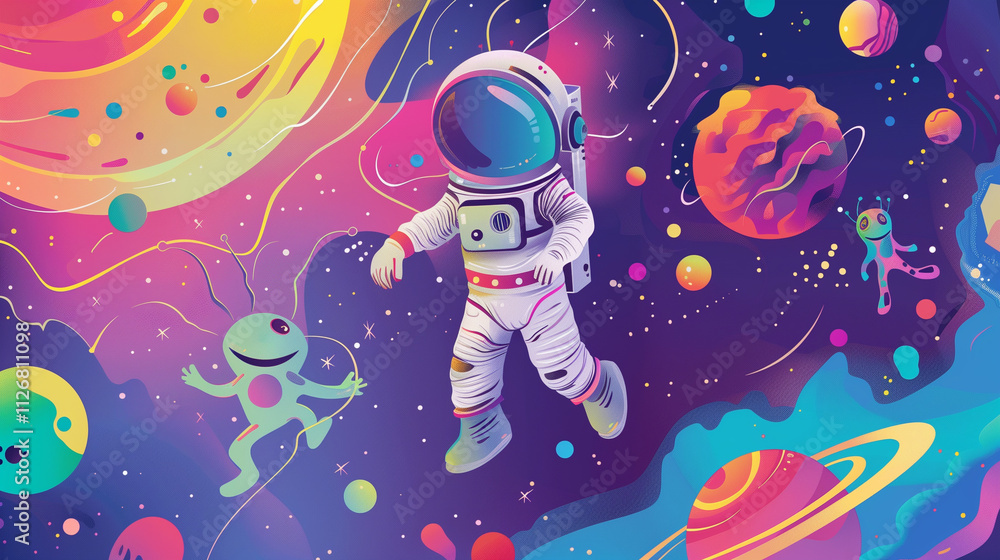 A space adventure scene with astronauts, alien friends, and a vibrant galaxy backdrop. A space adventure scene with astronauts, alien friends, and a vibrant galaxy backdrop.