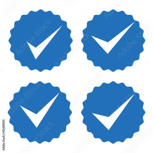 Set of verified badges. Blue check mark icon. Verified account icons. Approved profile sign. Instagram verified badge. Social media account verification icons. 
