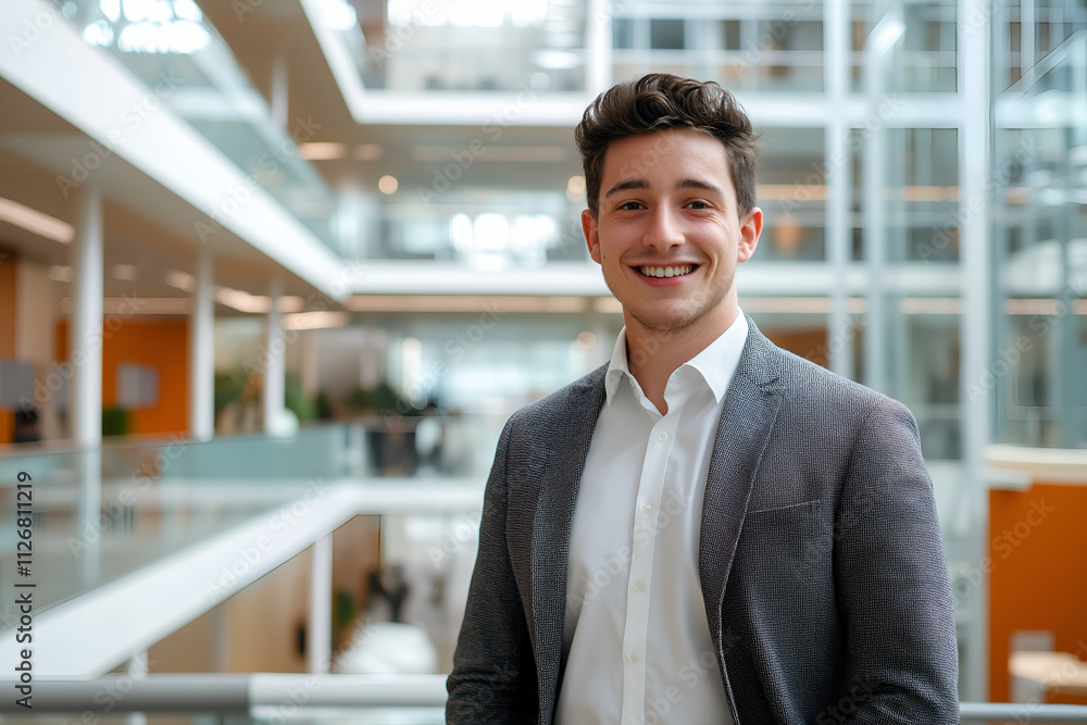 Portrait of a successful young businessman looking at camera and smiling inside a modern office building Portrait of a successful young businessman looking at camera and smiling inside a modern office building