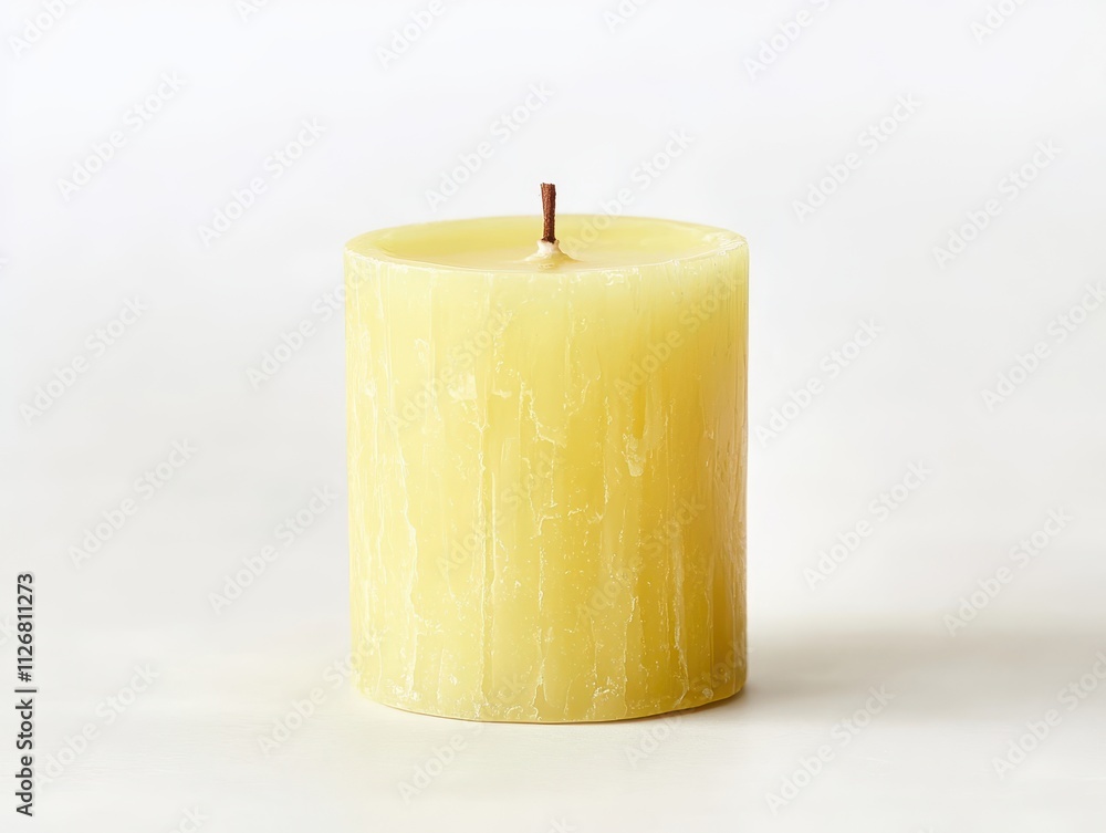 A simple yellow candle stands upright, featuring a textured surface and a central wick, set against a light background. A simple yellow candle stands upright, featuring a textured surface and a central wick, set against a light background.