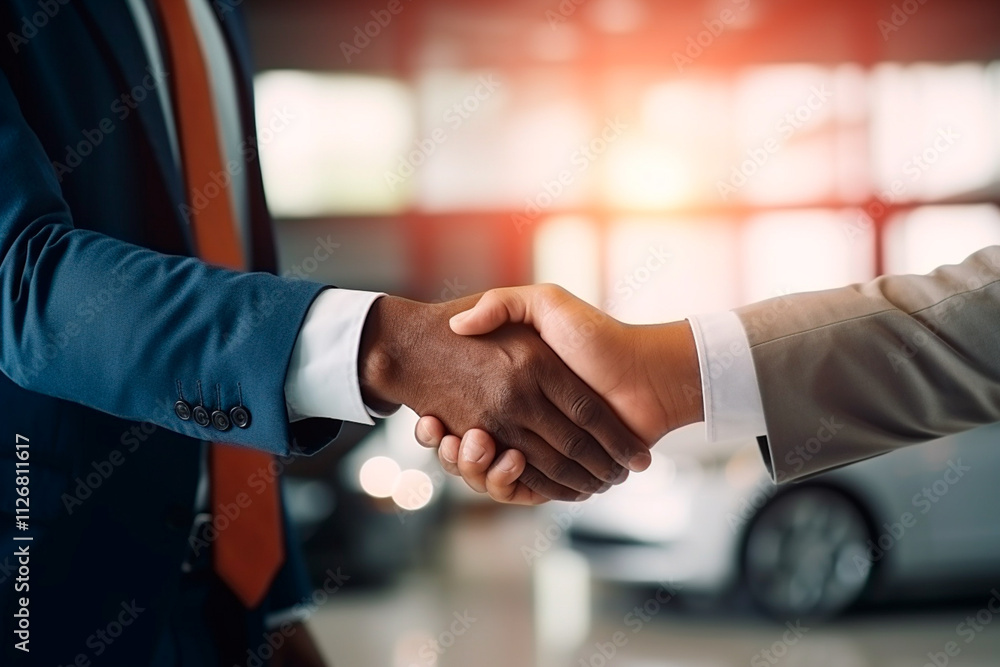 People completing the transaction for a new imported car at the vehicle showroom. People completing the transaction for a new imported car at the vehicle showroom.